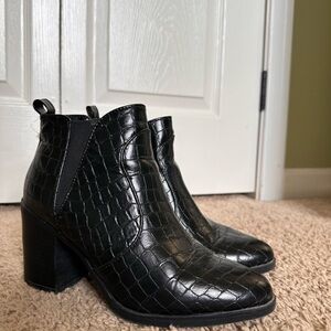 Black Croc-Embossed Ankle Boots